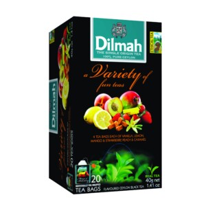 cukormentes TEÁK DILMAH Ceylon Black Tea Variety Pack – fekete tea válogatás gyümölcs ízesítéssel – 40 gr